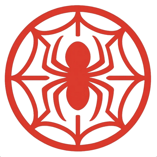 Spider logo with a red spider in the center of a white circle on a black background