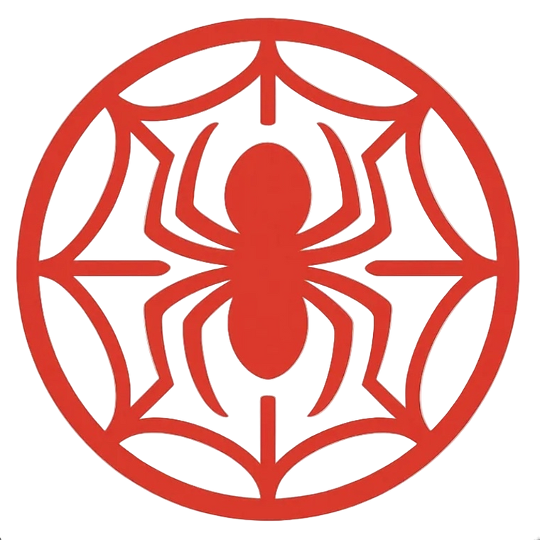 Spider logo with a red spider in the center of a white circle on a black background